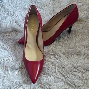Red leather pumps